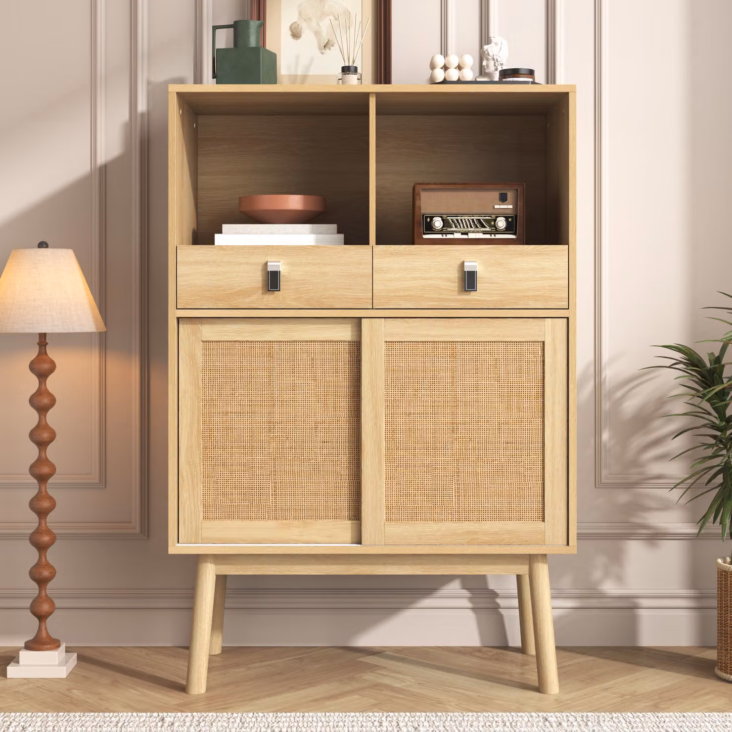 Cassettiera AIORBER, ante in rattan, due cassetti, vano a giorno, gambe alte 28 cm, robusta e durevole, per cucina, soggiorno, 80x39,5x120 cm, colore legno