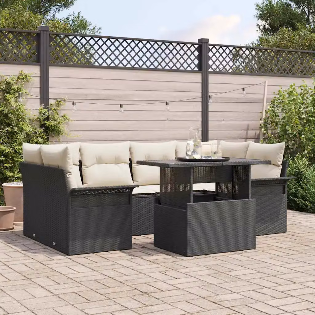 Set Divano da Giardino vidaXL in Polyrattan 7 Pezzi con Cuscini Nero e Beige – 1