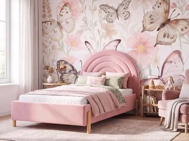 Letto Singolo con Contenitore BELIANI in Tessuto Bouclé Rosa con Testiera a Mezza Luna Design Retro L/P/H: 90 x 200 x 110 cm