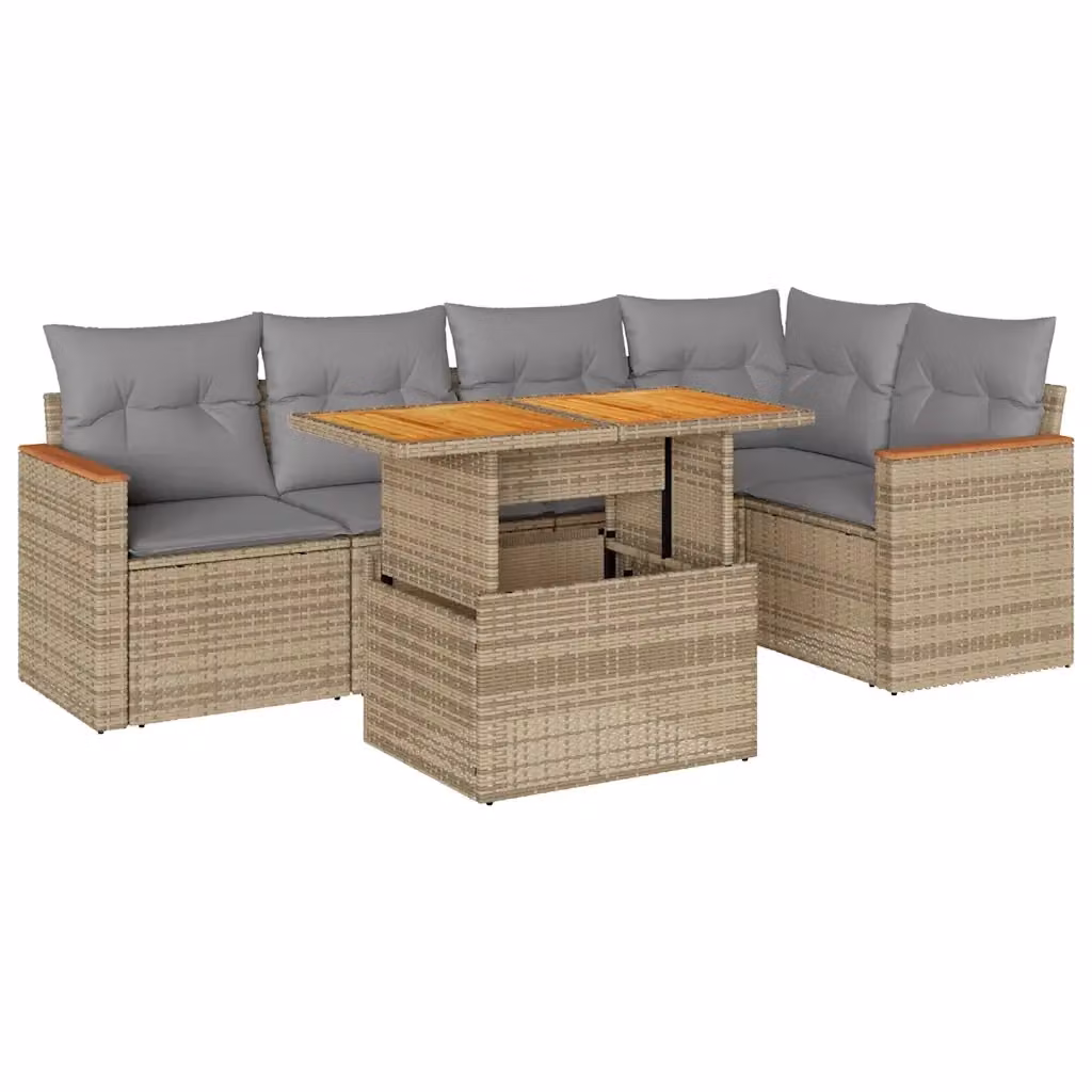 Set Divano da Giardino a L con Polyrattan e Legno di Acacia vidaXL, 6 Pezzi con Cuscini Beige e Grigio e Tavolino da Esterno – 2