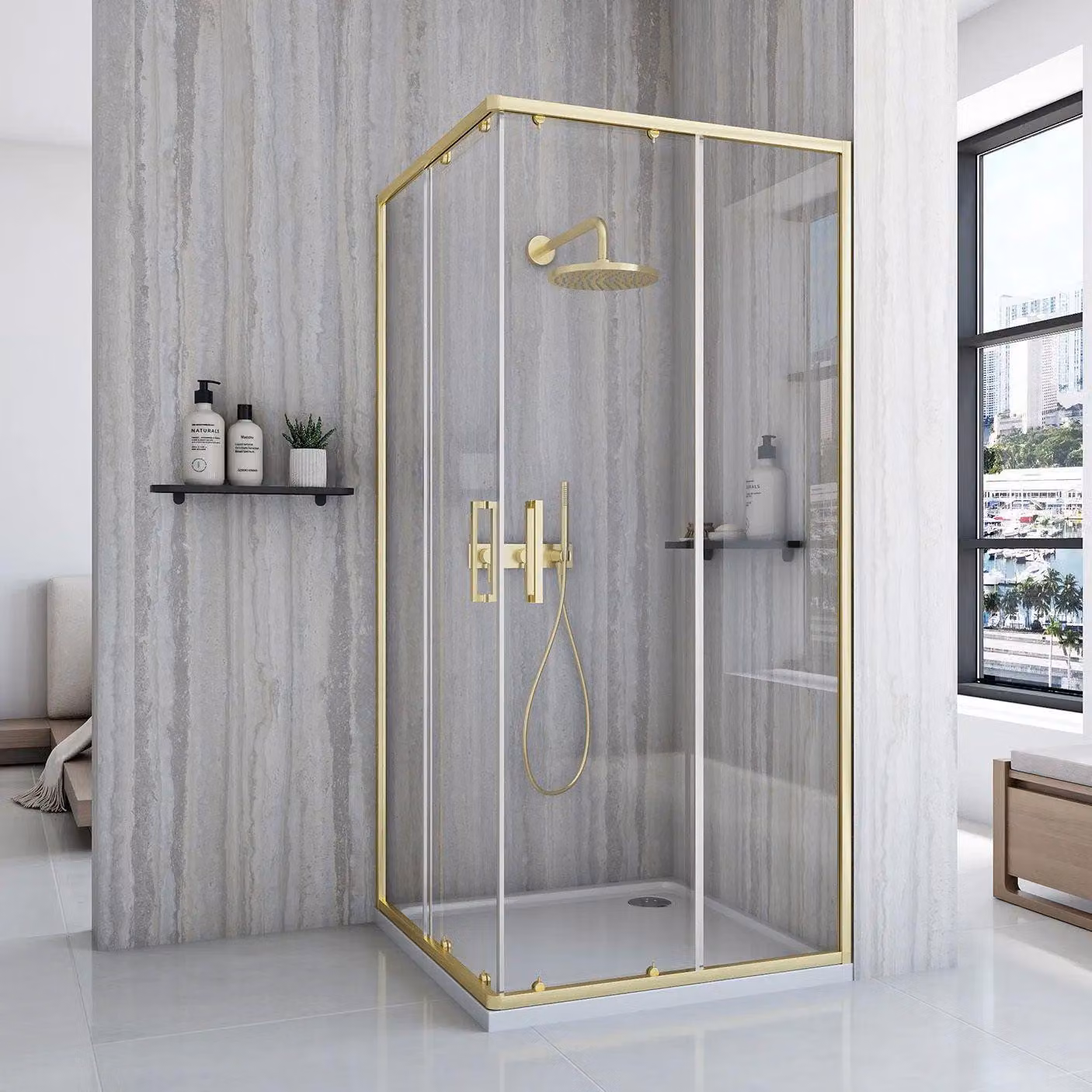Cabine Doccia Rea City Brush Gold + Piatto Doccia Savoy Black 80X80