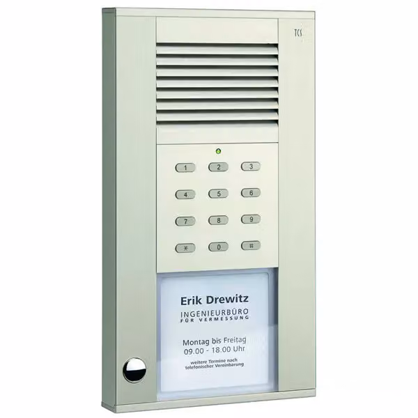 Citofono esterno serie ASD 1 con pulsante di chiamata (allineato a sinistra) e serratura a codice integrata, AP argento TCS ASD51010-0010