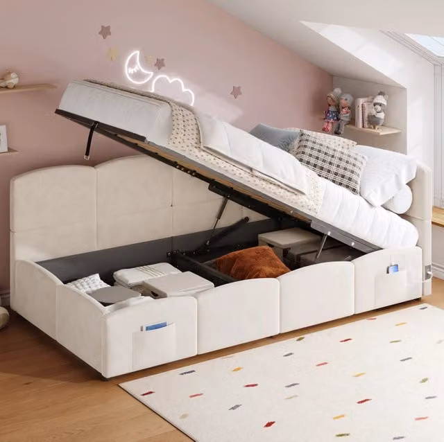 Letto singolo imbottito in velluto beige 90x200 cm con contenitore, doghe e porte USB integrati, senza materasso