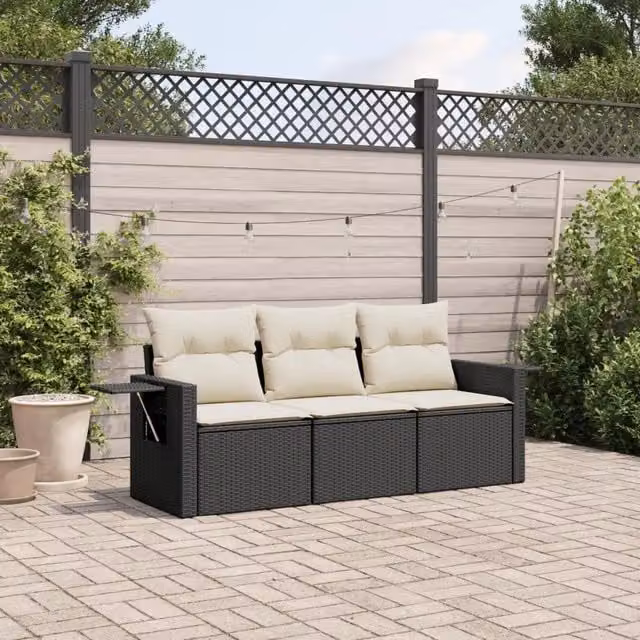 Set Divani da Giardino 3 pz con Cuscini in Polyrattan Nero 3219855