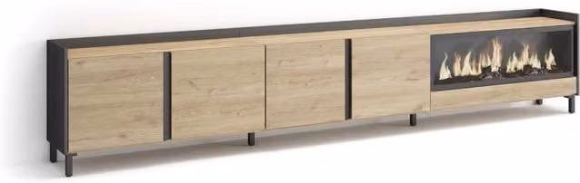 Mobile TV Soggiorno, 315x61x35 cm, Per TV fino a 80", Camino elettrico XXL, Design industriale, Rovere e nero