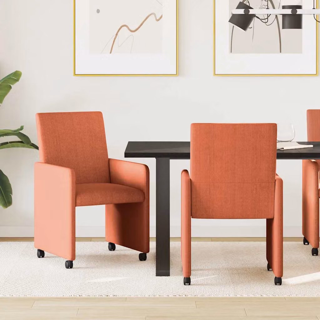Set di 2 sedie da pranzo vidaXL in velluto a coste con ruote, colore rosso arancio, L: 57 cm, P: 66 cm, H: 94 cm – 1