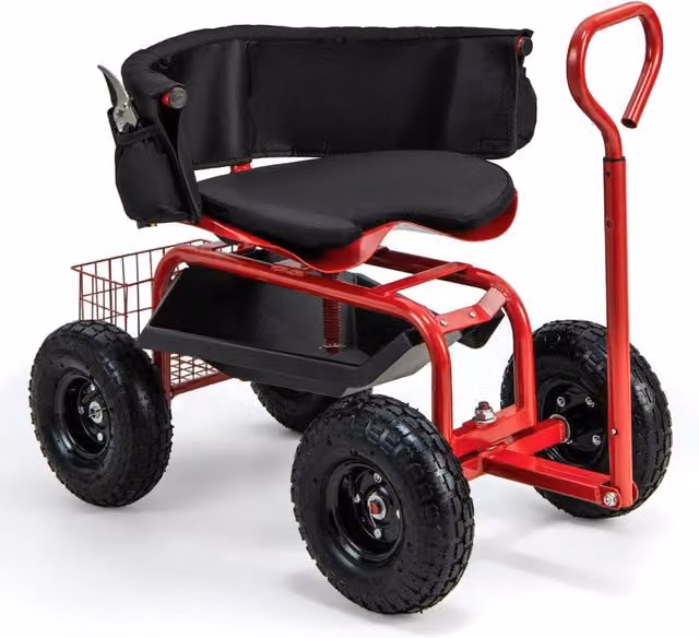 Sgabello da giardinaggio con sedile girevole e manico telescopico rosso con ruote da 26 cm – 1