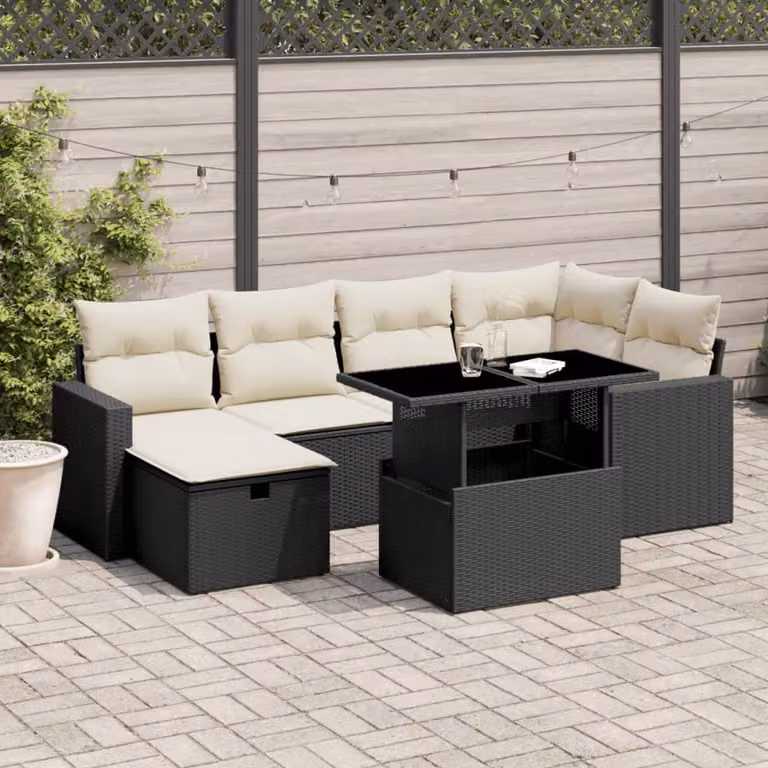 Set Divani da Giardino a L vidaXL con Cuscini e Tavolino, Polyrattan Nero e Struttura in Acciaio