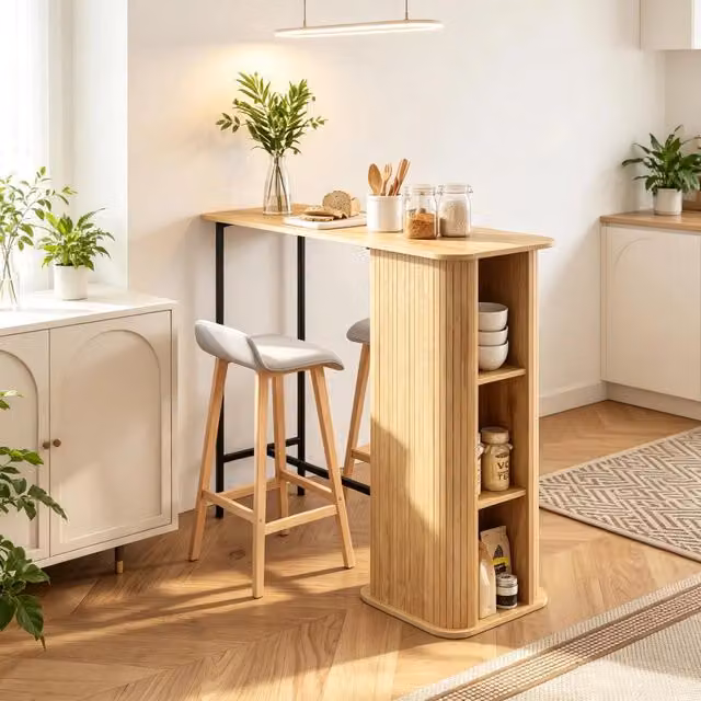 Tavolo Bar REDOM in Rovere Nero e Marrone con 3 Ripiani Aperti L: 112 cm, P: 50 cm, H: 106 cm