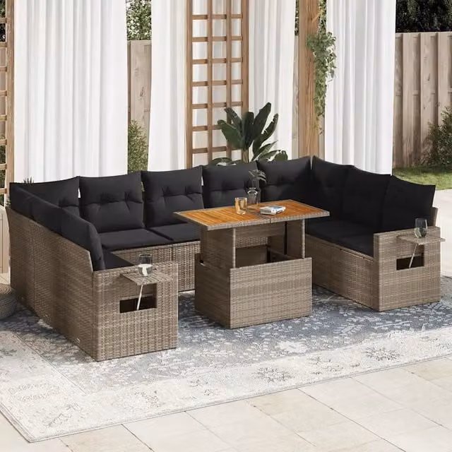 Set Divano da Giardino a Forma di U vidaXL in Polyrattan Grigio con 10 Pezzi, Cuscini Inclusi e Tavolino da Caffè – 1