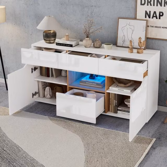 Credenza e madia LED con 4 cassetti, 2 ante e vano aperto, finitura lucida, per soggiorno, bianco e legno naturale