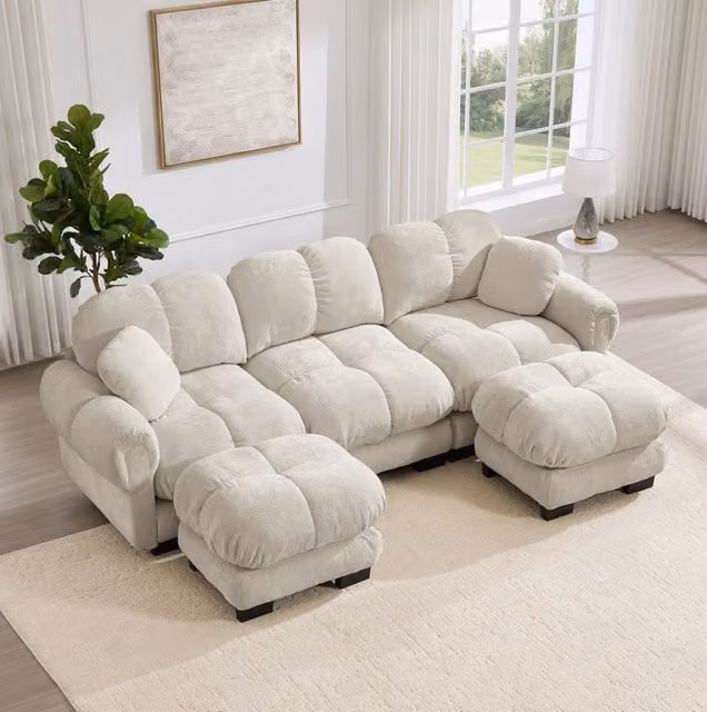 Divano modulare a U MODFU da 3 posti con ottomana mobile e cuscini, rivestimento in tessuto beige, L: 260 cm, P: 149 cm, H: 90 cm