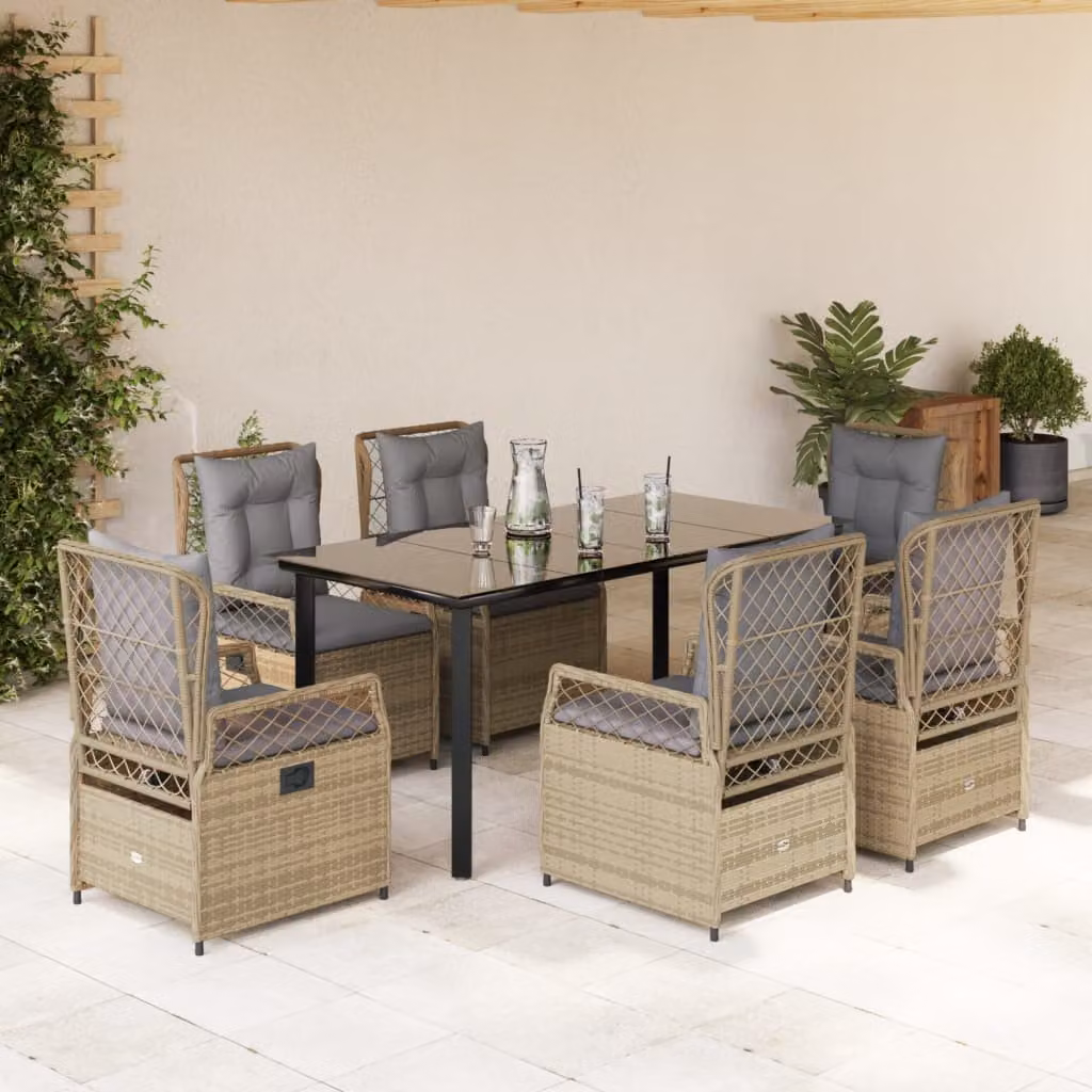 Set da Pranzo da Giardino vidaXL in Polyrattan con Cuscini Beige e Tavolo in Vetro, 7 Pezzi – 1