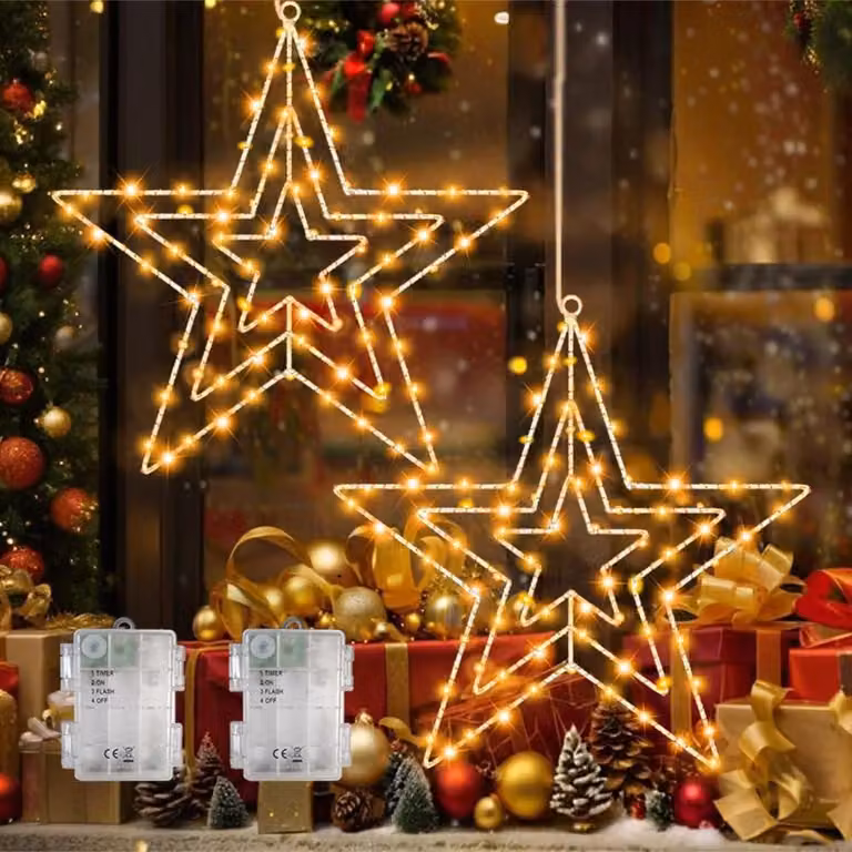 Confezione da 2 luci decorative a forma di stella, con 75 LED, timer, grado di protezione IP65, alimentate a batteria, luce bianco caldo