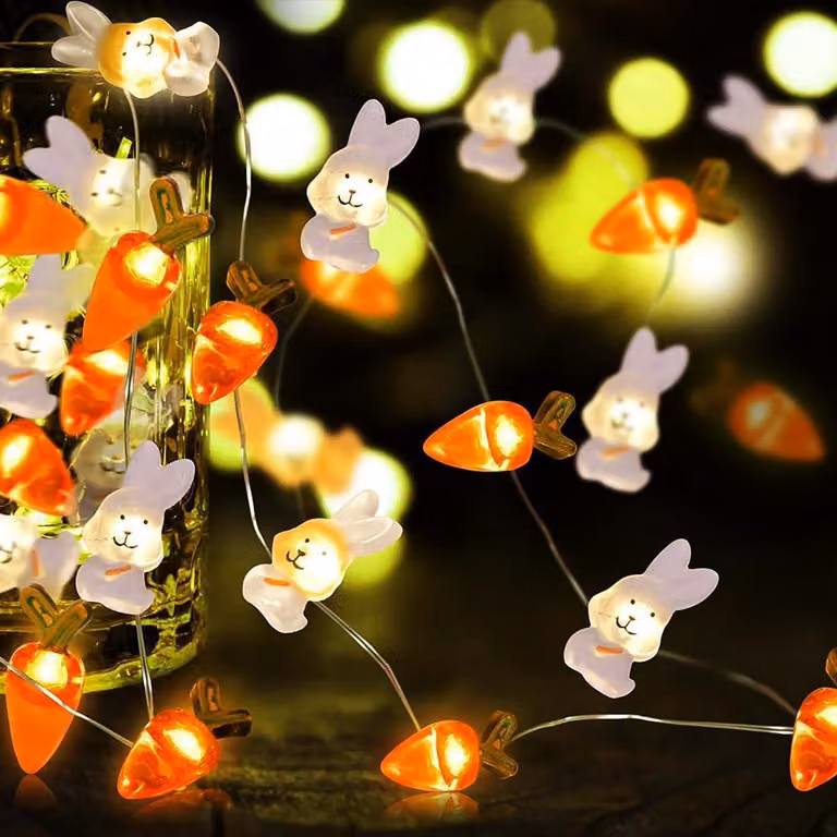 Catena luminosa a LED per Pasqua, lunghezza 220 cm, conigli e carote, alimentata a batteria