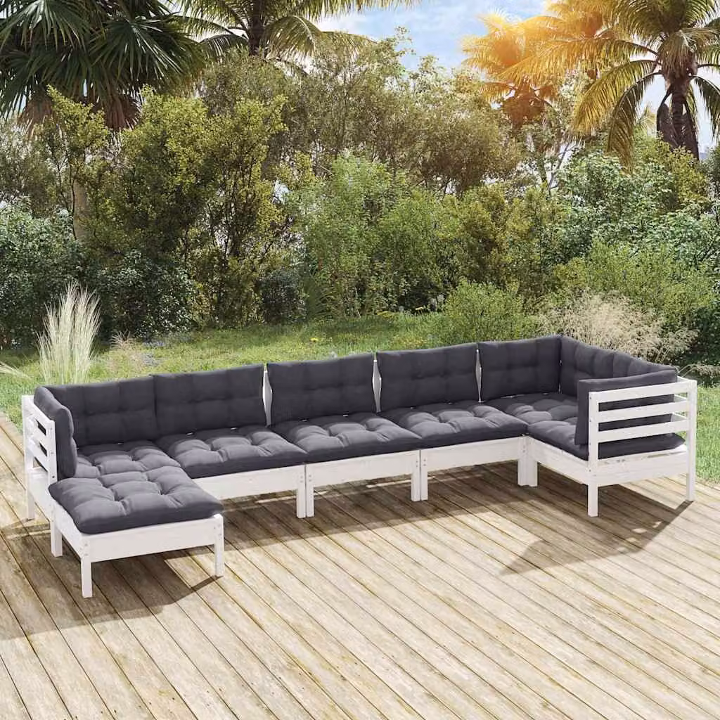 Set di divani da giardino vidaXL a forma di L composto da 7 pezzi in legno di pino con cuscini bianchi e antracite