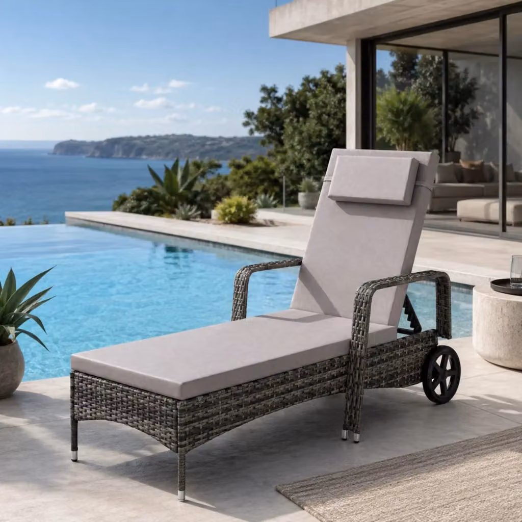 Chaise Longue in Polyrattan ARREDITALY con Schienale Reclinabile a Sei Livelli, Poggiatesta Integrato e Ruote, Grigio, L: 196 cm, P: 72 cm, H: 94.5 cm – 2
