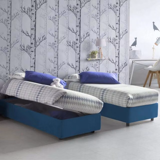 Letto singolo contenitore Abbi di Talamo Italia con materasso incluso, rivestimento in tessuto blu, apertura laterale, L 80 cm x P 190 cm