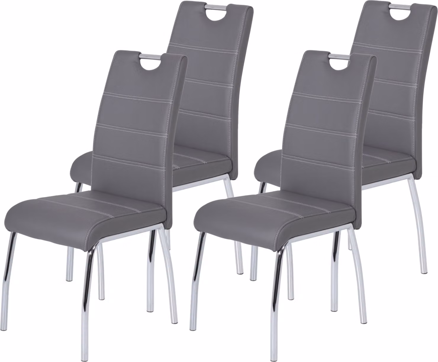 Tavoli Hela, set di 4 sedie da sala da pranzo, sedia a quattro gambe Susi - Pelle finta grigia - Struttura in metallo cromato - Maniglia a staffa - Cuciture trapuntate - Portata max. 120 kg