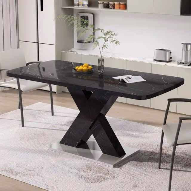 Tavolo da pranzo moderno rettangolare 120-160 cm, allungabile, piano stampato marmo nero, gambe MDF a X con base in metallo