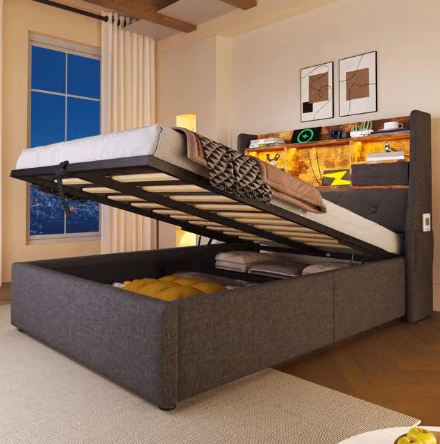 Letto imbottito 90x200 cm grigio con vano idraulico, LED e ricarica USB/Type-C