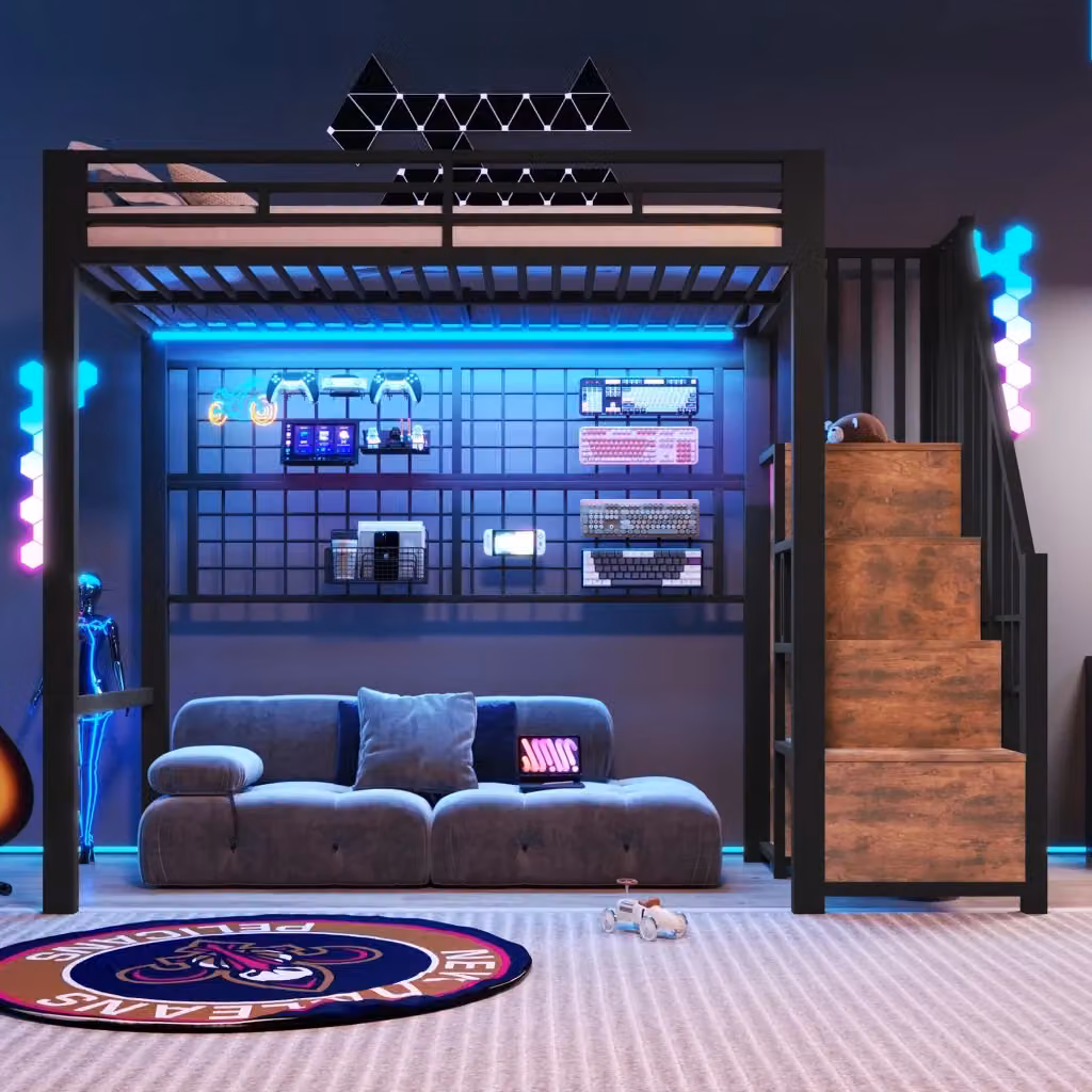 Letto a soppalco REDOM in metallo nero con armadio, scala contenitore e illuminazione LED, dimensioni 90 x 200 cm – 2