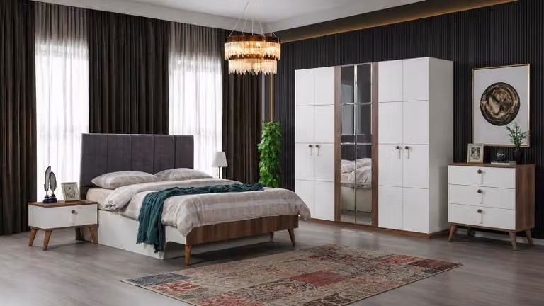 Set per camera da letto: armadio, letto, testiera, comodino, 2 comodini, design moderno