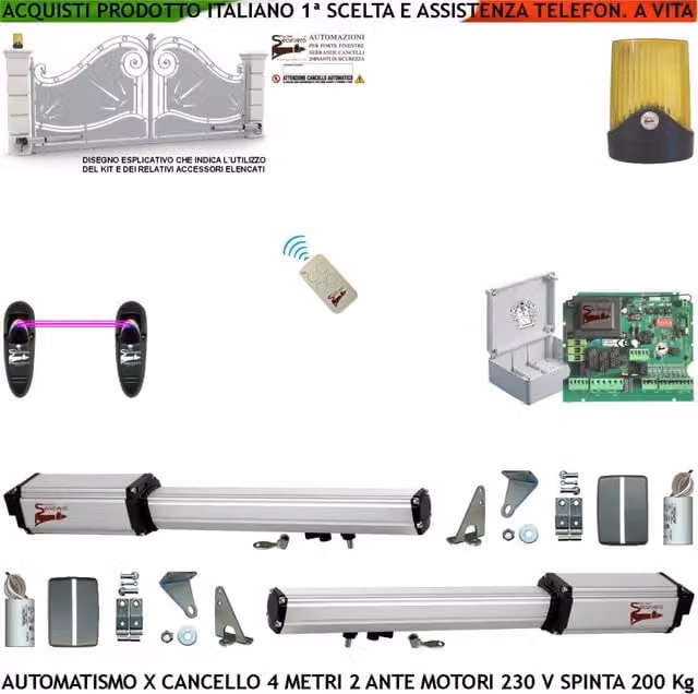 Automatismo Cancello 4 Metri 2 Ante da 2 Metri Kit 2 Motori Elettromeccanici 230 V Spinta 2 Q.li 2 Chiavi Completo Staffe Perni Borchie Centrale Radiocomando Faro Coppia Fotocellule Cartello Monitore