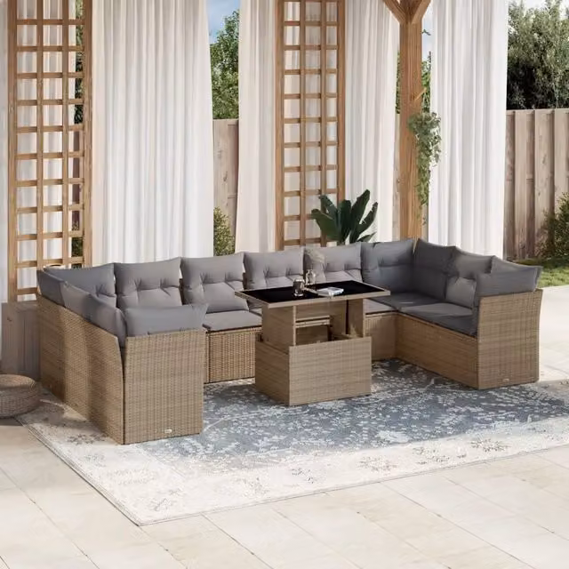 Set di Divani da Giardino a Forma di U vidaXL in Polyrattan con Cuscini Beige e Tavolino da Esterno, 11 Pezzi