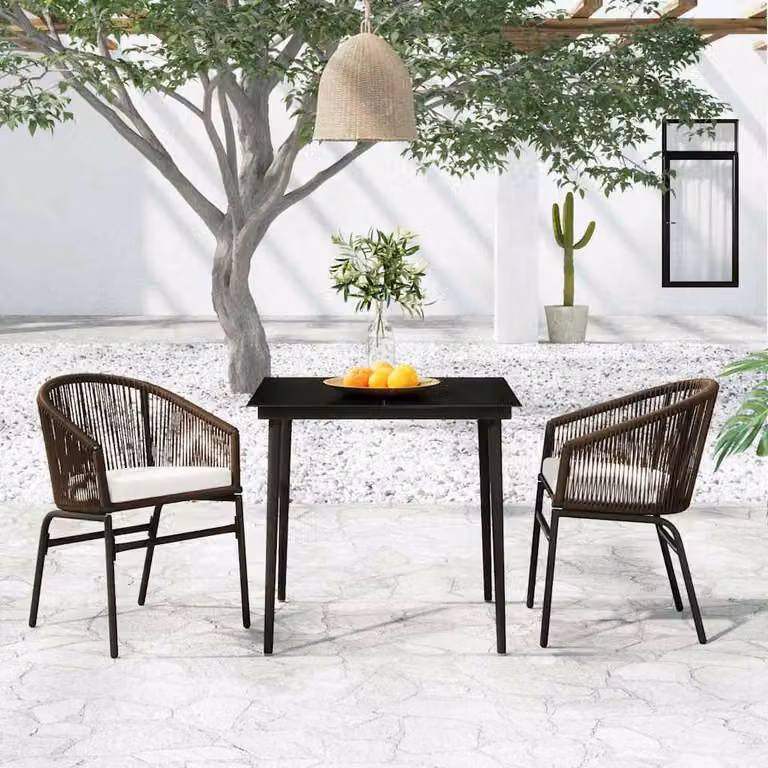 Set da pranzo da giardino vidaXL in 3 pezzi con tavolo in vetro e sedie in rattan marrone e nero