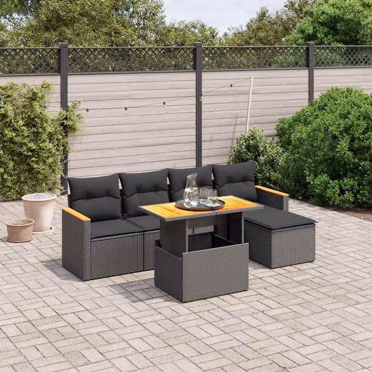 Set Divano da Giardino vidaXL 6 pz in Polyrattan Nero con Cuscini e Tavolino
