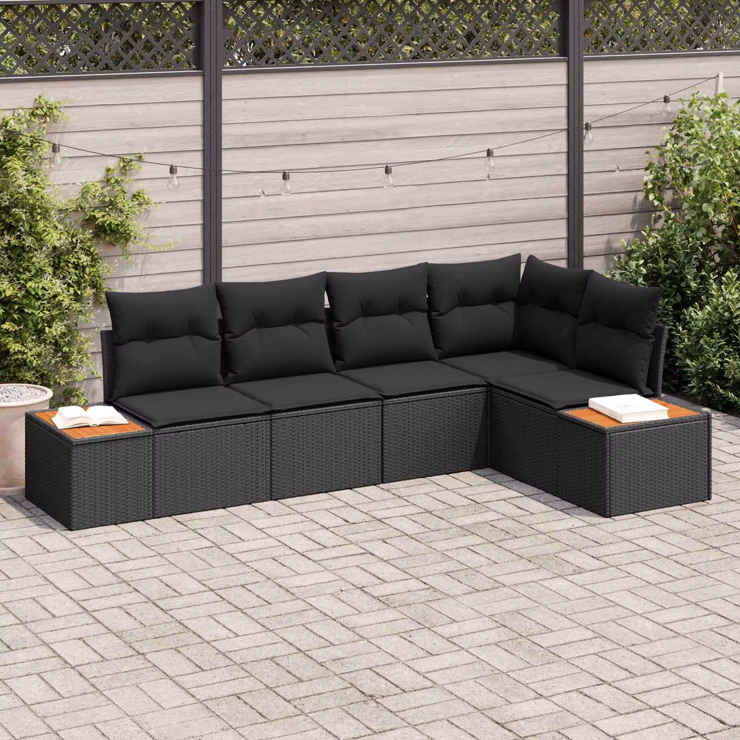 Set Divano da Giardino a L vidaXL 5 posti Nero in Rattan con Cuscini e Struttura in Metallo – 1