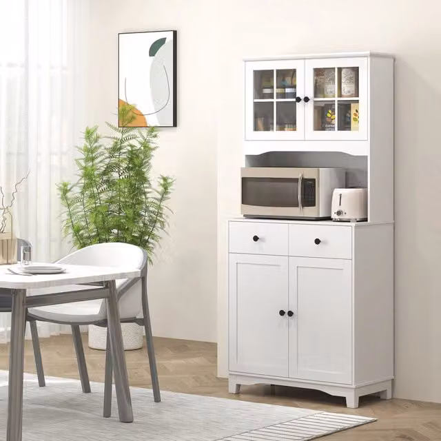 Mobile dispensa da cucina FOLYNA bianca con ripiano per microonde, 2 armadietti con ante in vetro e 2 cassetti, L/P/H: 74.5 x 40 x 172 cm