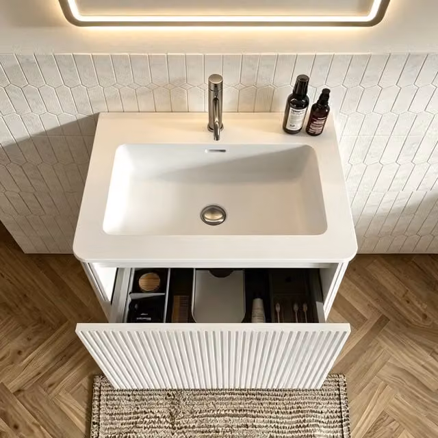 Mobile lavabo sospeso REDOM bianco con lavabo in Solid Surface e cassetti interni L: 60 cm
