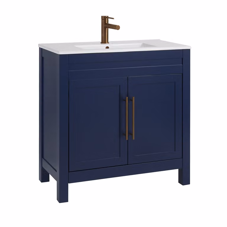 Mobile Bagno Blu Marino da 810mm con Lavabo e Maniglia Moderna con Barra a T in Rame Satinato - Warwick