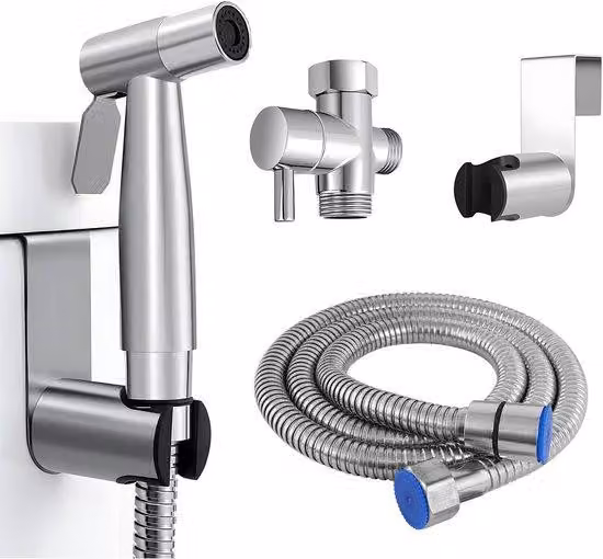 Unyqoos®: doccia per bidet in acciaio inossidabile, con ugello regolabile (getto/delicato), tubo da 1,5 metri con rivestimento interno in PVC, adatta per il montaggio a parete o sul water