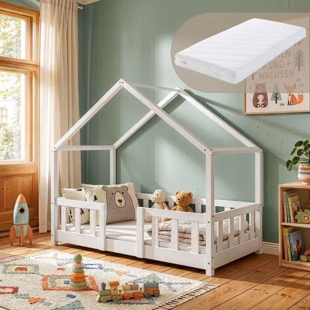 Letto per cameretta Treviolo a forma di casetta in stile Montessori con materasso en.casa, legno di pino laccato bianco, 70x140 cm – 1