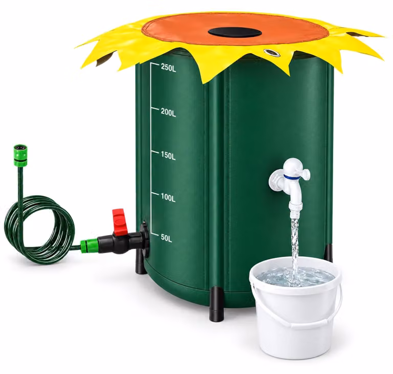 Contenitore per la raccolta dell'acqua piovana pieghevole, capacità 250 litri, forma a fiore, con rubinetto