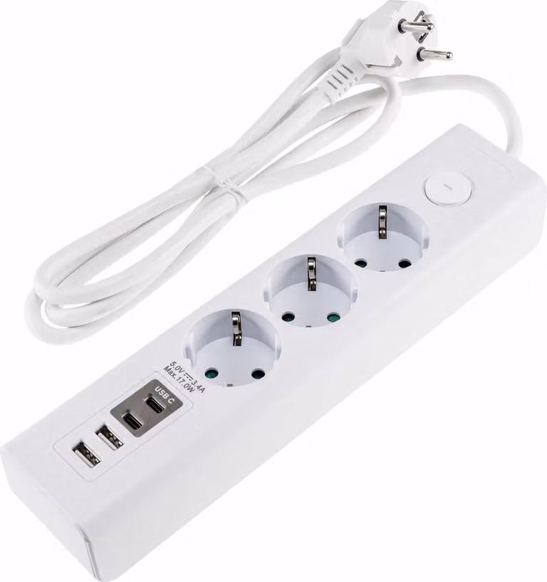 Striscia di prese con prese di ricarica per USB, a 3 vie, bianca, cavo da 1,5 m
