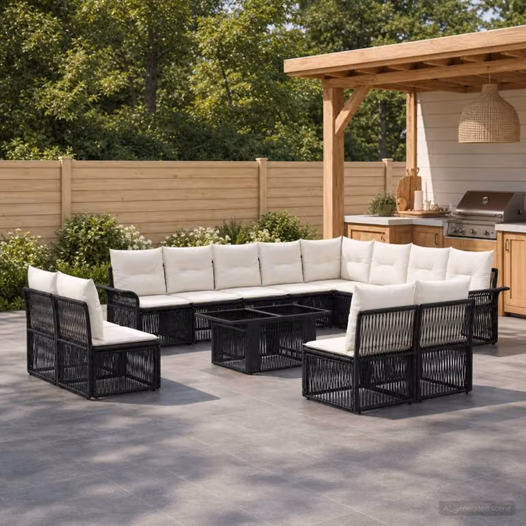 Set Divano da Giardino vidaXL 13 pz a L con Tavolino da Caffè, Polyrattan Nero e Bianco Crema con Cuscini Rimovibili