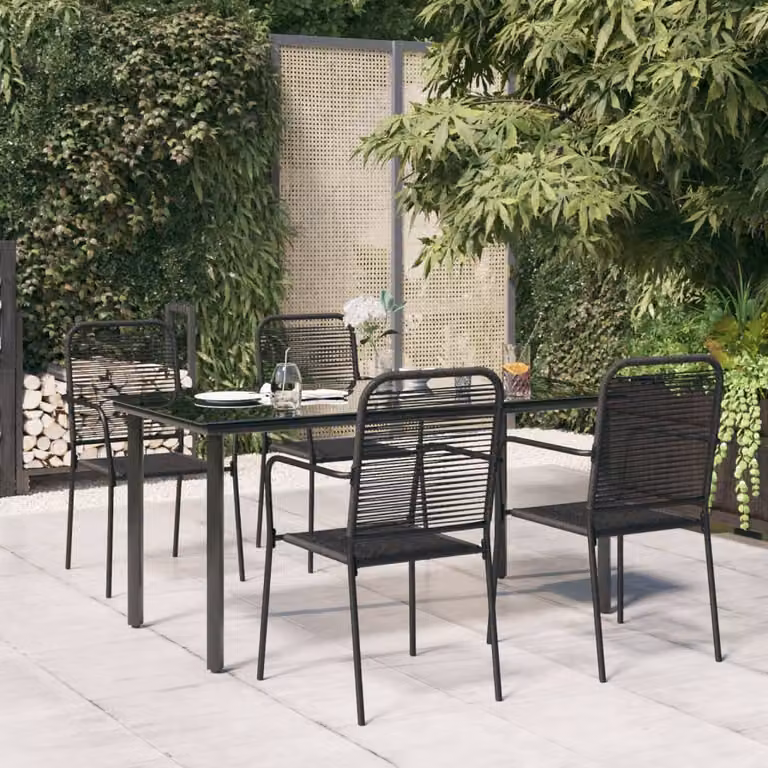 Set da pranzo da giardino vidaXL in 5 pezzi nero con tavolo rettangolare in vetro e sedie in acciaio verniciato a polvere