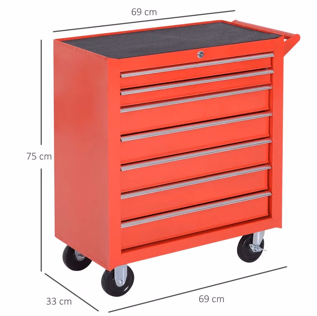 Carrello portautensili Qavryl in acciaio rosso con 7 cassetti chiudibili e ruote L: 75 cm, P: 33 cm, H: 150 cm – 2