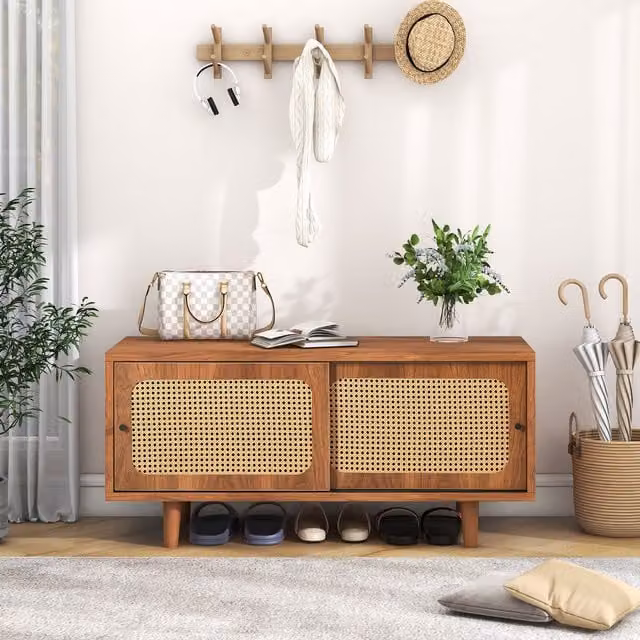 Panca scarpiera con seduta e ripiani regolabili in design rattan Aosom Italy, colore Noce, L: 40 cm, P: 10 cm, H: 48 cm – 1
