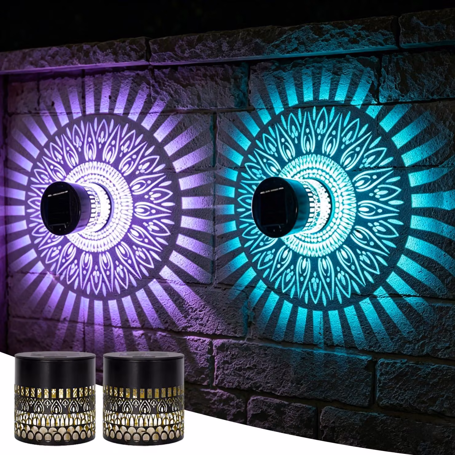 Lampade solari, set da 2, motivo mandala, colore nero, per uso esterno