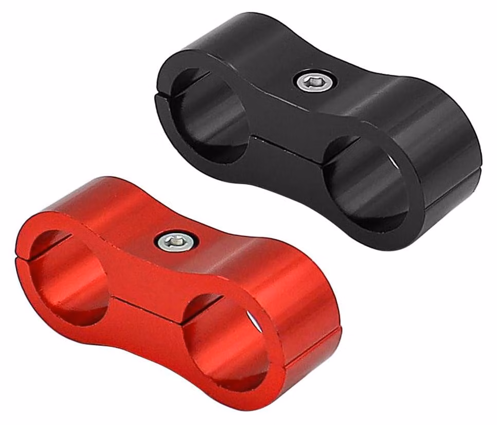 Set di 2 fascette di fissaggio per tubi, in alluminio, colore rosso, attacco AN6, diametro 14 mm