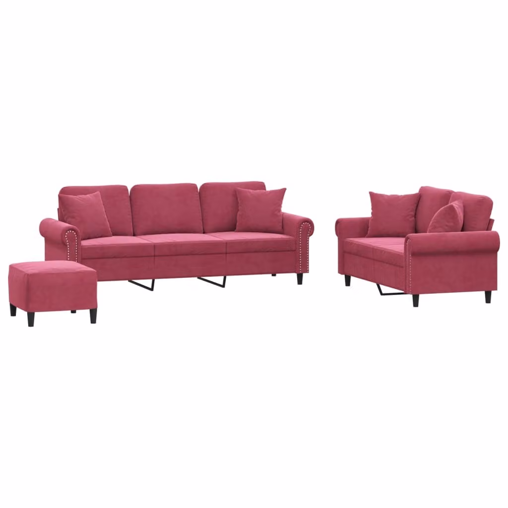 Set di Divani 3 pz con Cuscini Rosso Vino in Velluto