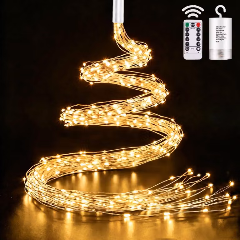 Catena luminosa da 2 metri, 200 LED bianco caldo, grado di protezione IP65, timer, telecomando, 8 modalità
