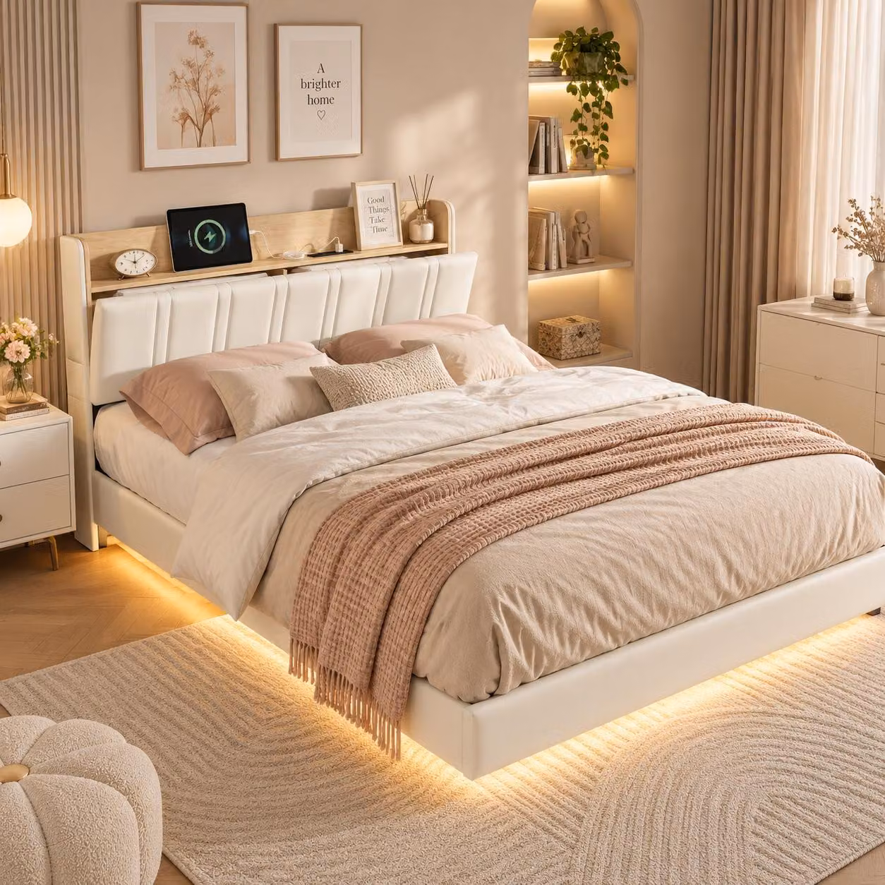 Letto imbottito INONEFT, 160x200 cm, con LED, letto per ragazzi con spazio contenitivo nella testiera e funzione di ricarica USB, struttura letto sospesa con rete a doghe, colore bianco