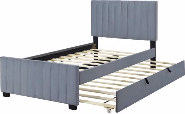 Letto imbottito singolo 90 x 190 cm con letto estraibile in velluto anallergico, colore grigio