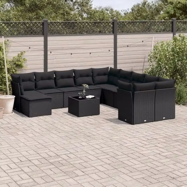 Set di divani da giardino VIDAXL in polyrattan nero con cuscini, 12 pezzi – 1